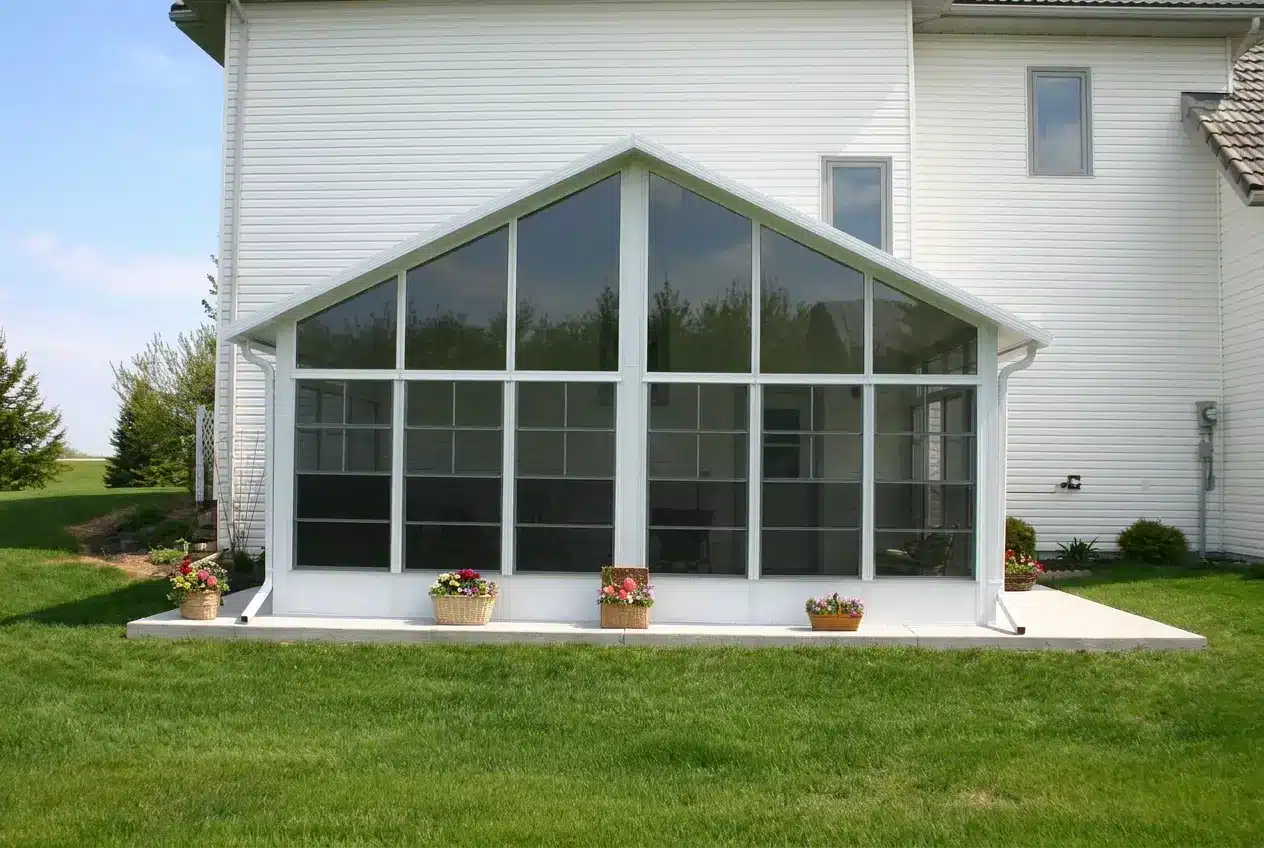Vue frontale d’un Solarium Modèle 200 installé derrière une maison pour profiter de la terrasse sans insectes.