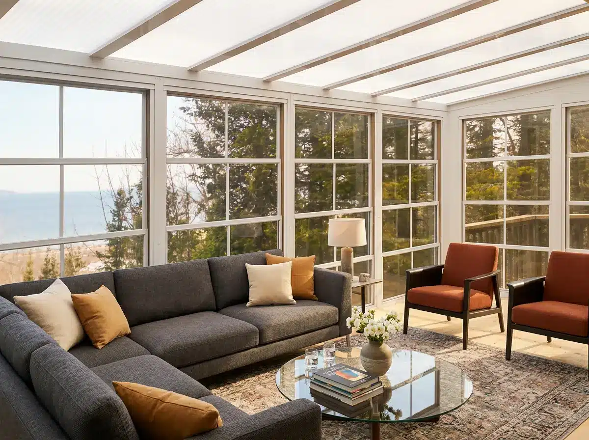 Solarium 3 saisons lumineux avec mobilier confortable après sa préparation pour l’été.