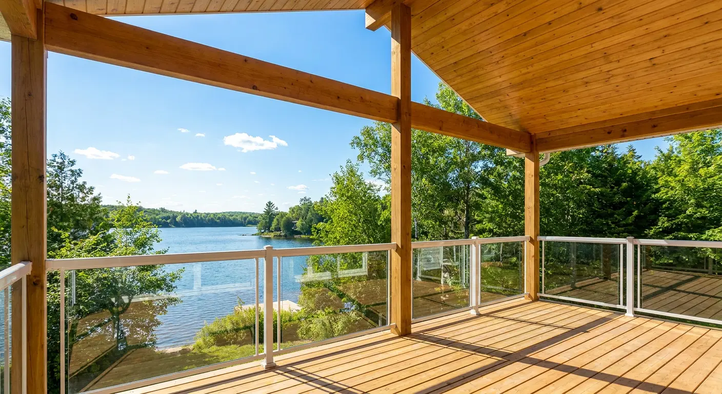 Rampe en verre sans obstruction installée sur une terrasse avec vue sur un lac.