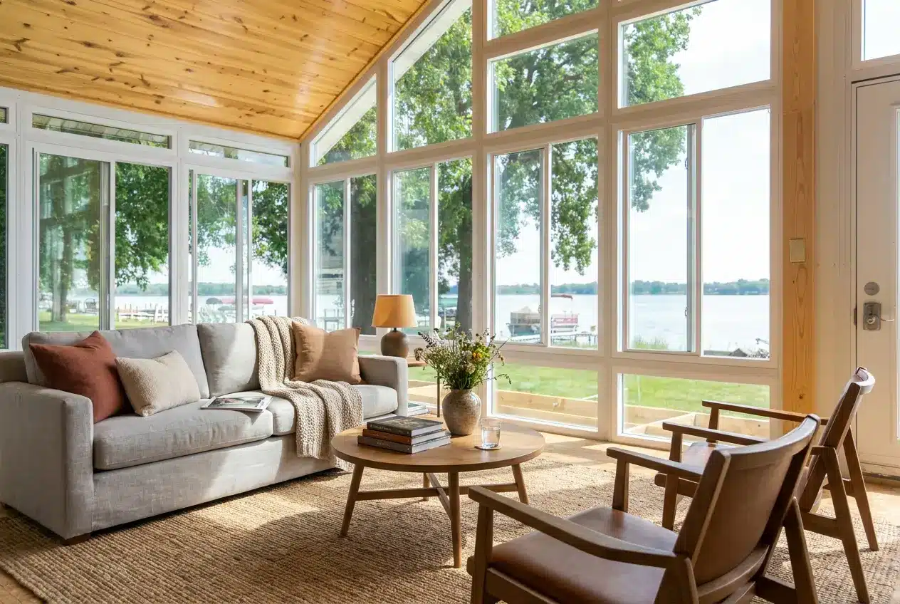 Solarium Modèle 300 aménagé avec un salon confortable pour recevoir famille et amis.