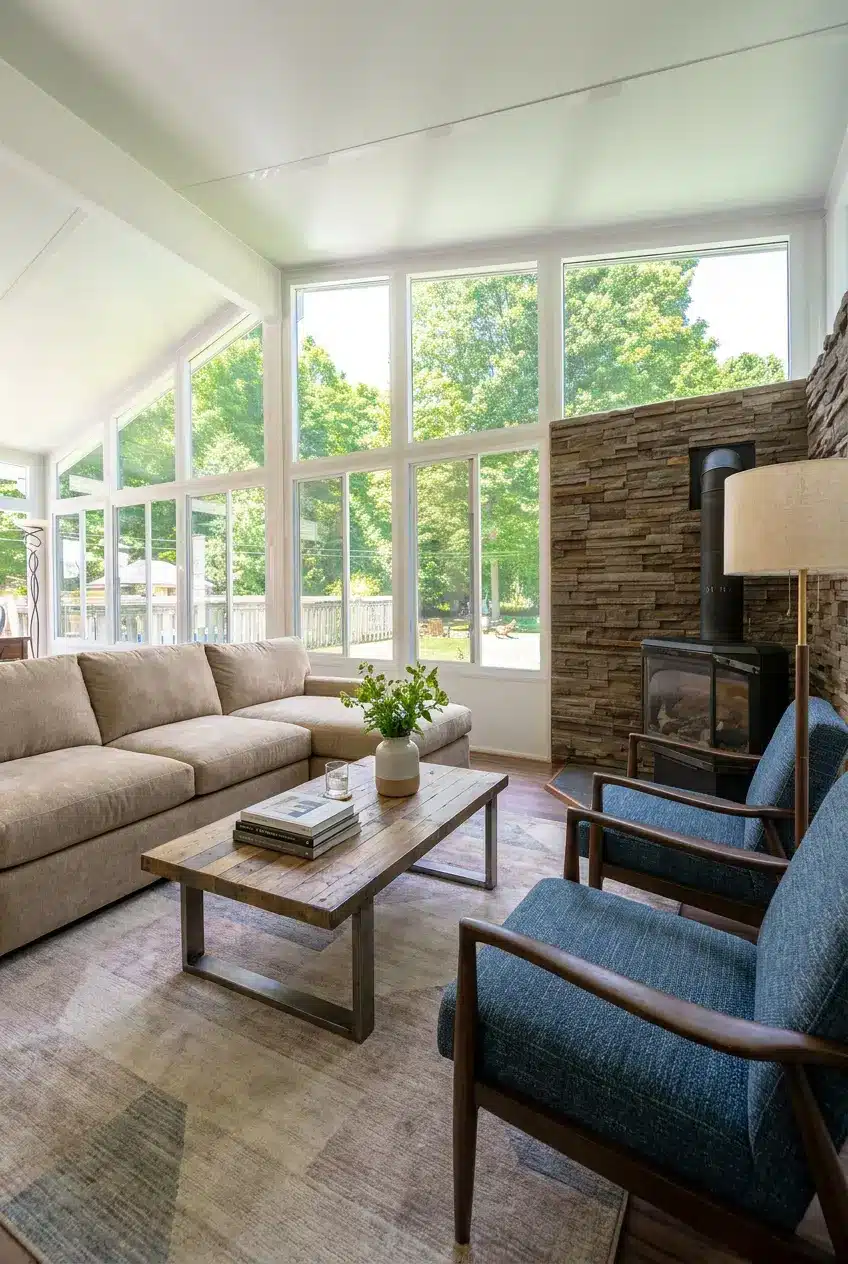 Solarium Modèle 300 aménagé avec un salon confortable pour recevoir famille et amis.