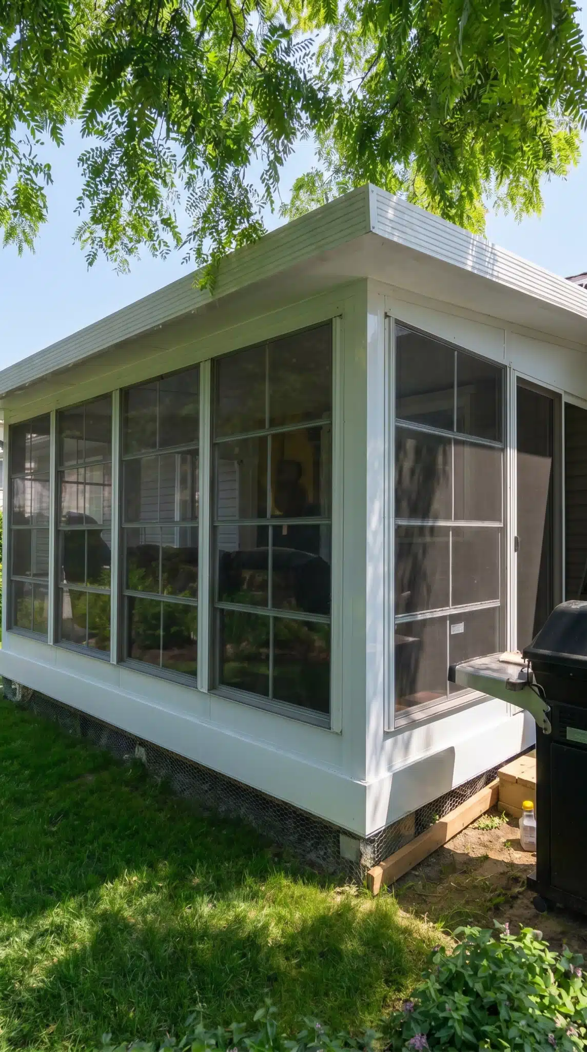 Solarium 3 saisons en vinyle installé sur une résidence, prêt à être utilisé pendant la saison estivale.