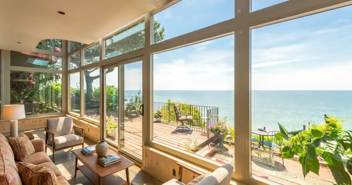 Solarium en verre lumineux avec vue dégagée sur une vaste étendue d’eau