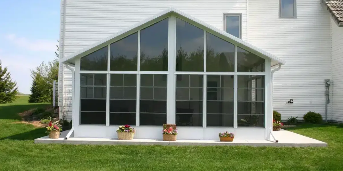 Vue frontale d’un Solarium Modèle 200 installé derrière une maison pour profiter de la terrasse sans insectes.