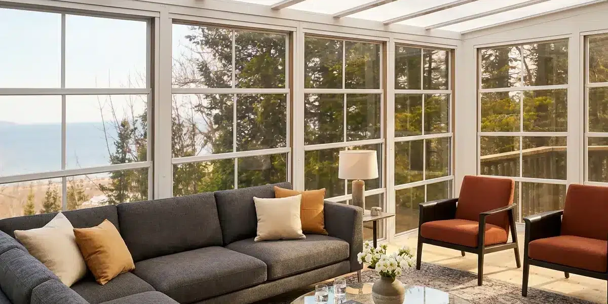 Solarium 3 saisons lumineux avec mobilier confortable après sa préparation pour l’été.