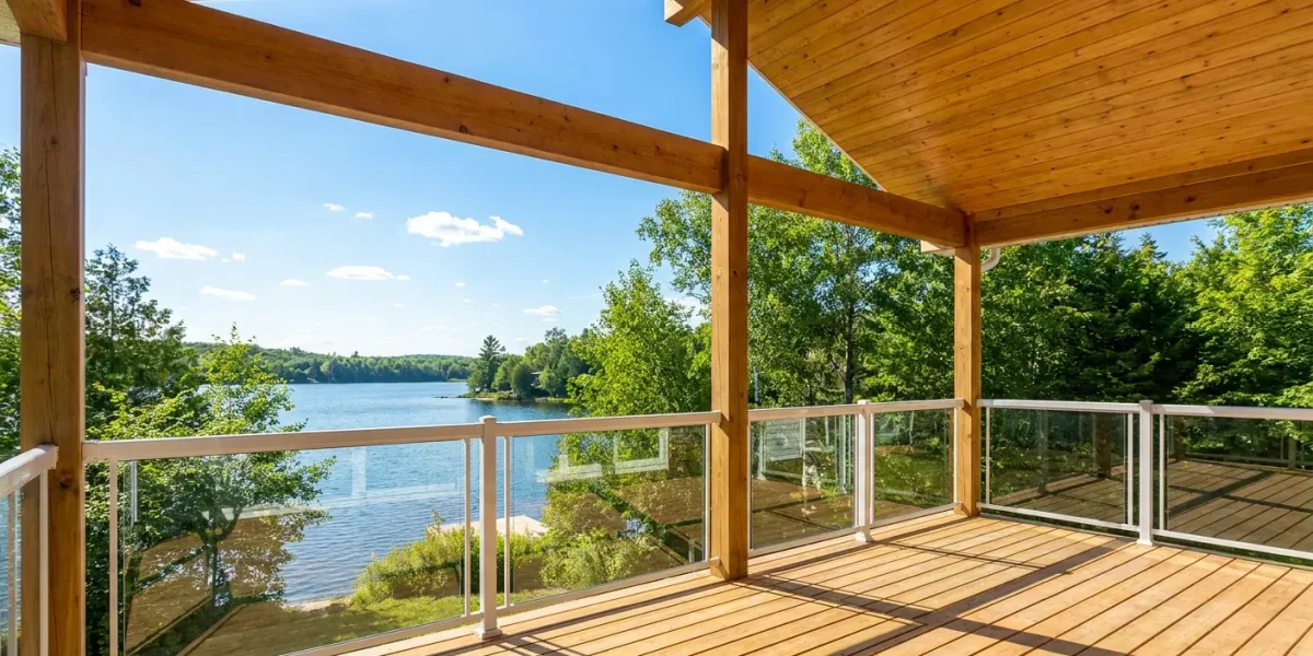Rampe en verre sans obstruction installée sur une terrasse avec vue sur un lac.
