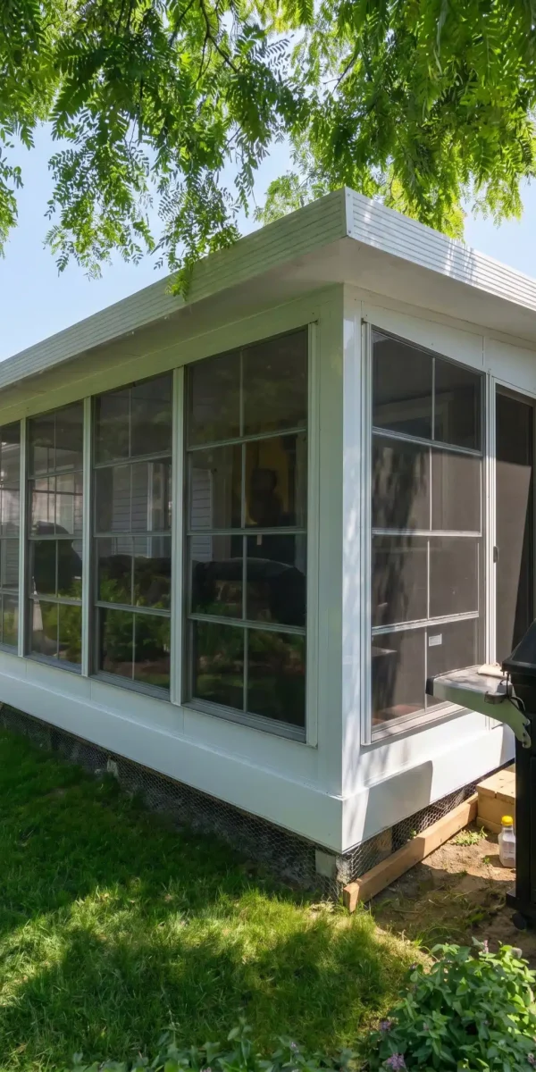 Solarium 3 saisons en vinyle installé sur une résidence, prêt à être utilisé pendant la saison estivale.