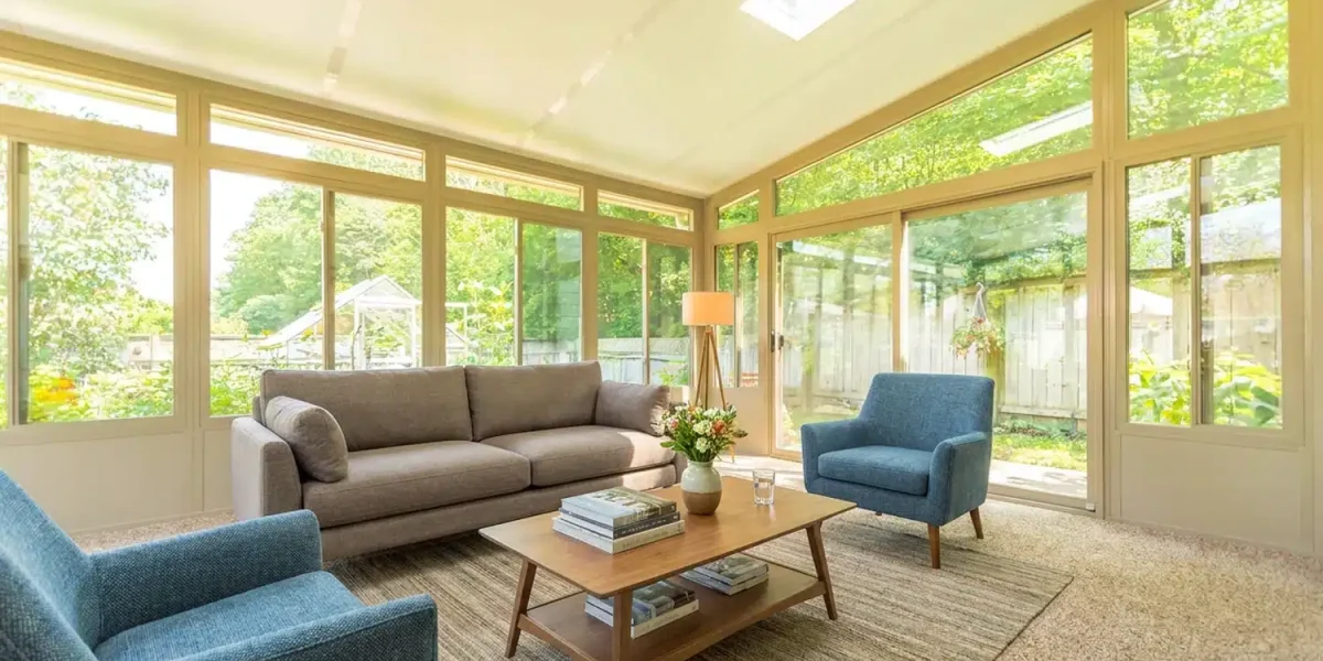 Solarium lumineux avec toit isolé, fenêtres en verre et vue sur le jardin