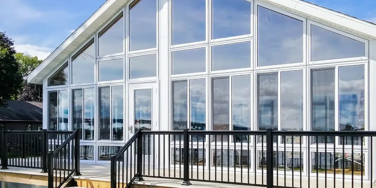 Solarium 3 saisons en verre installé sur une terrasse avec rampe noire